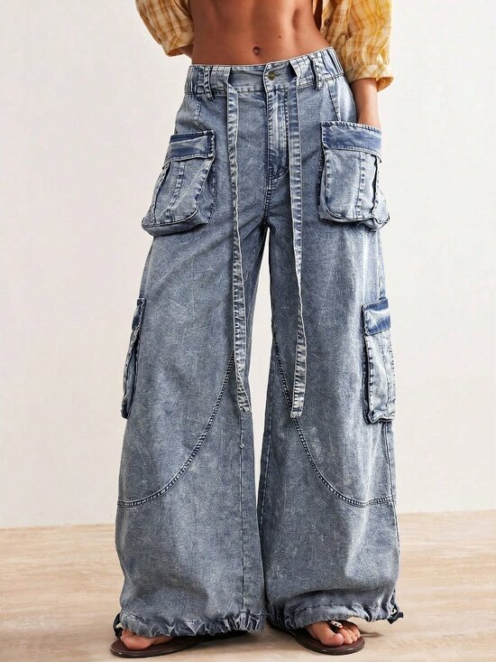 Pants - Blue Casual Women's Y2K Woven Relaxed Cuffed Low Waist Long Pants